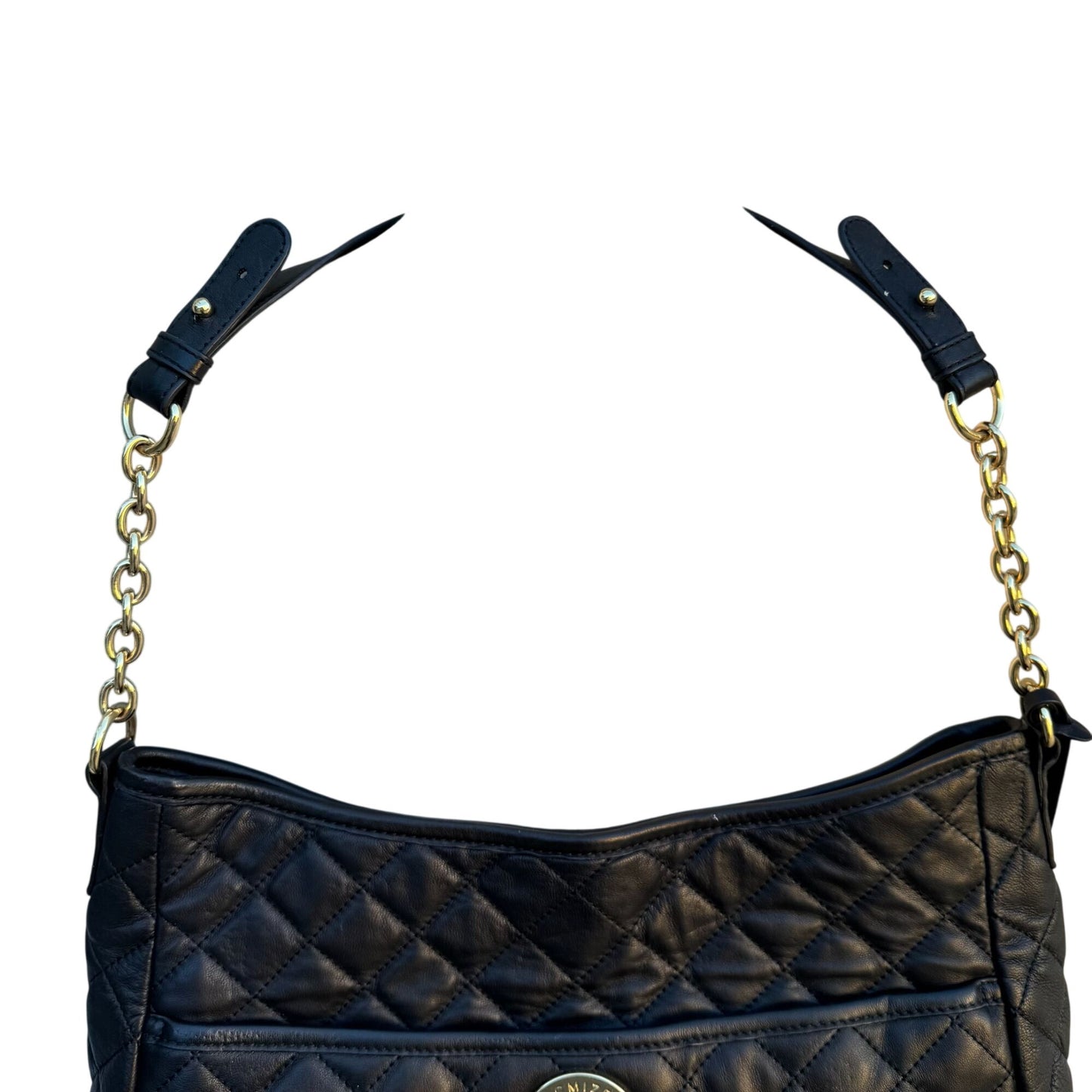 Isaac Mizrahi Quilted Black Leather Shoulder Bag Gold Chain Strap Logo Turn Lock