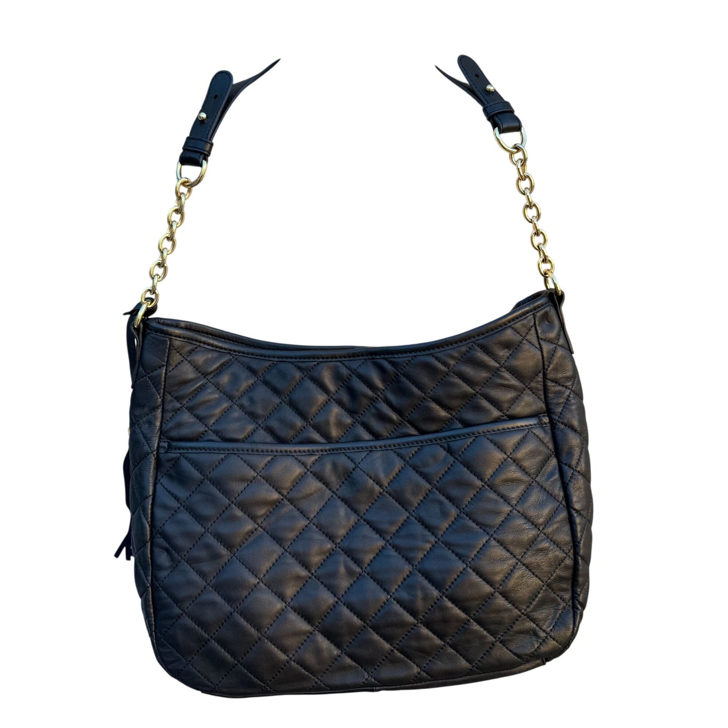 Isaac Mizrahi Quilted Black Leather Shoulder Bag Gold Chain Strap Logo Turn Lock