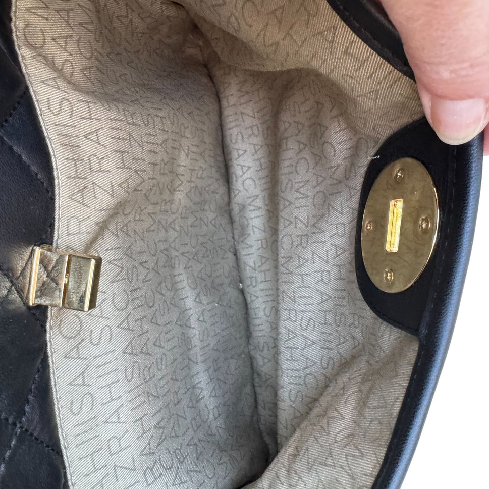 Isaac Mizrahi Quilted Black Leather Shoulder Bag Gold Chain Strap Logo Turn Lock