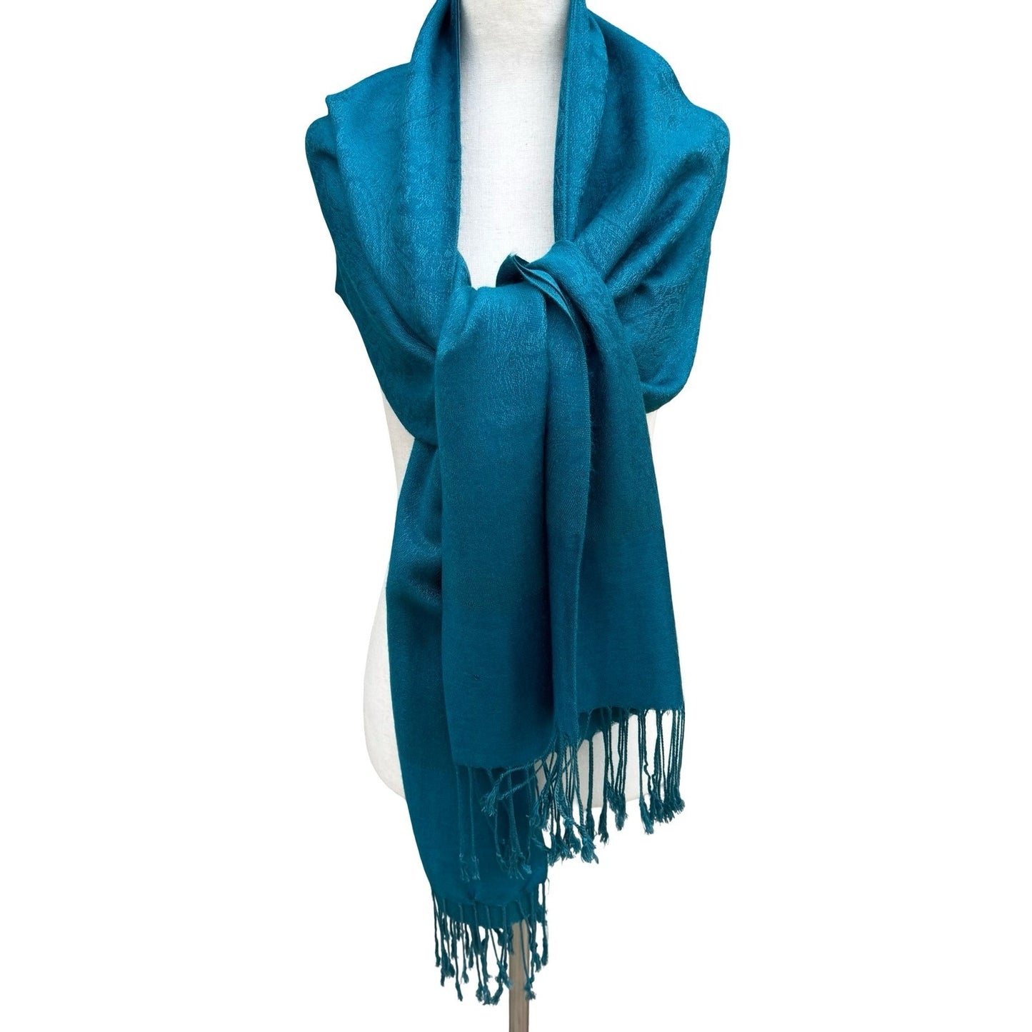 Pashmina Teal Blue Paisley Damask Fringe Wrap Shawl Scarf 100% Pashmina