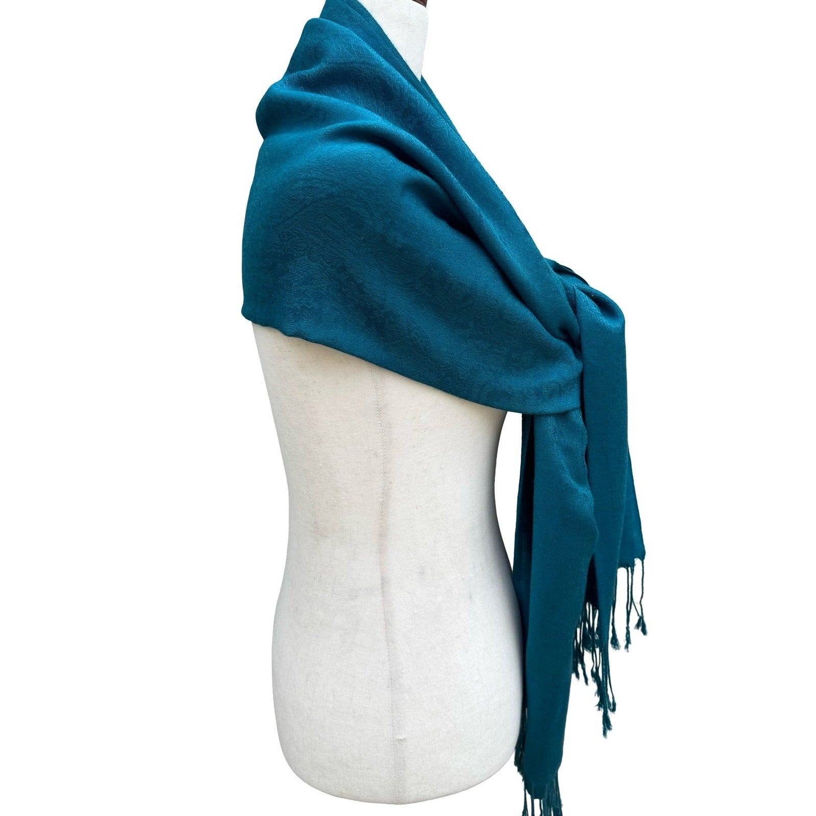 Pashmina Teal Blue Paisley Damask Fringe Wrap Shawl Scarf 100% Pashmina