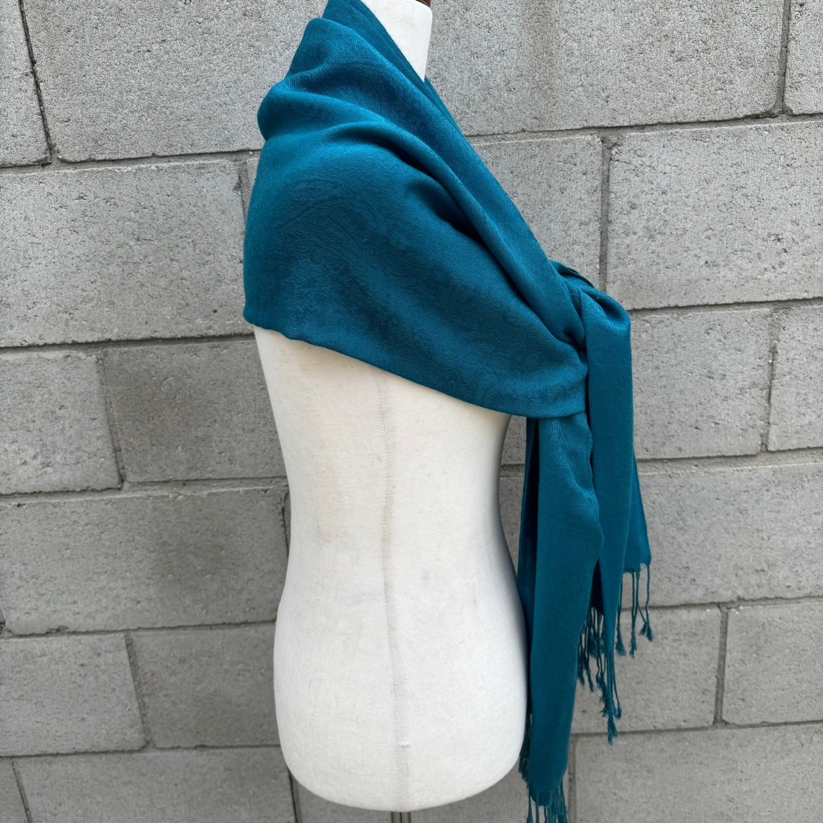 Pashmina Teal Blue Paisley Damask Fringe Wrap Shawl Scarf 100% Pashmina