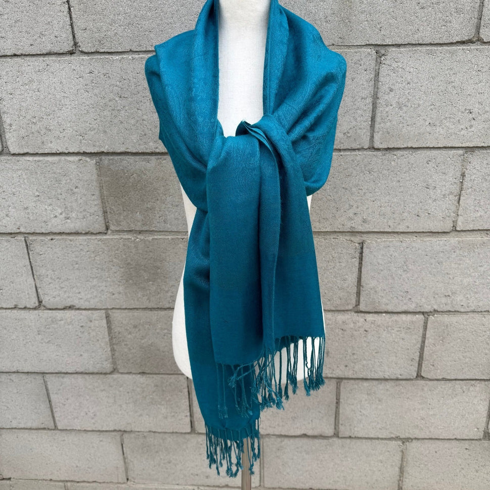 Pashmina Teal Blue Paisley Damask Fringe Wrap Shawl Scarf 100% Pashmina