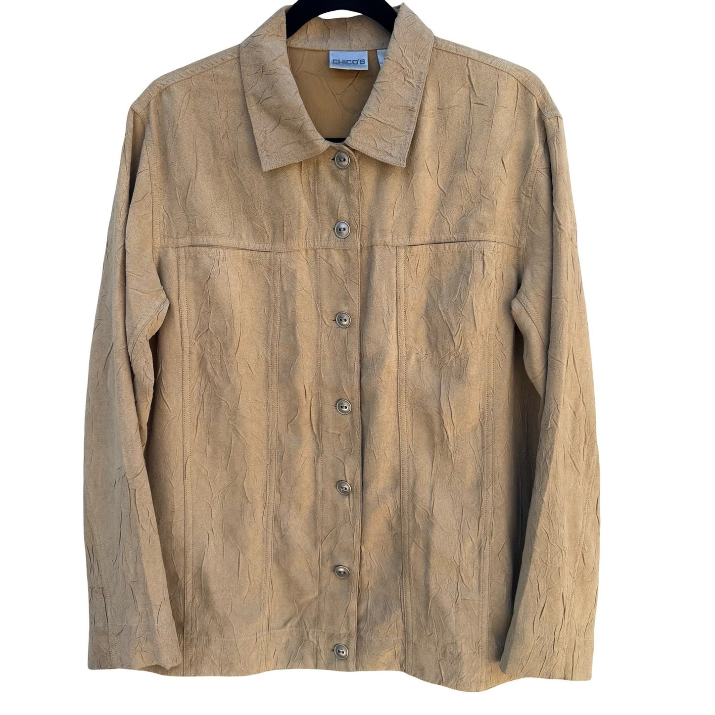 Chicos Tan Crinkle Faux Suede Button Front Jacket Womens Size 1 Medium Tan Camel