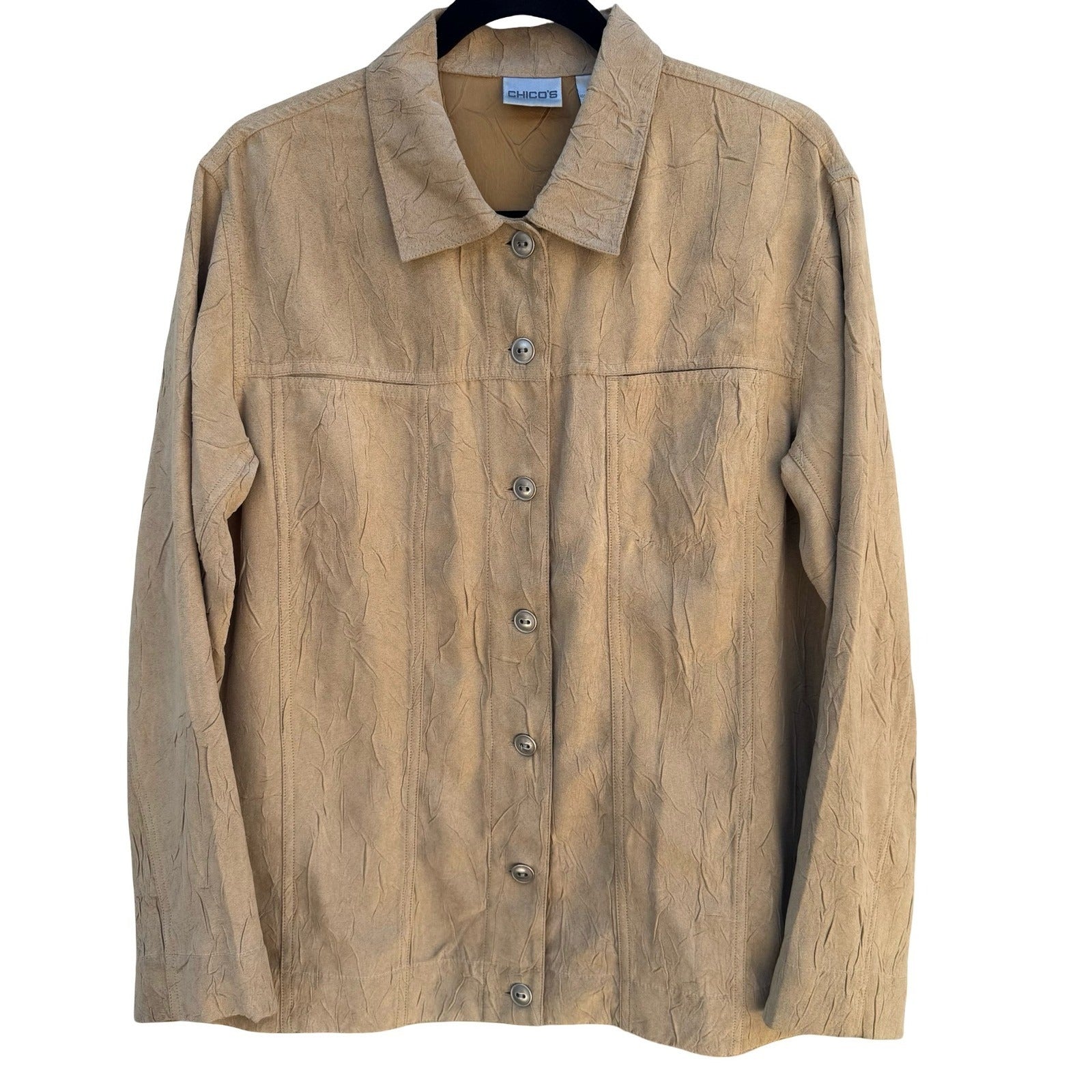 Chicos Tan Crinkle Faux Suede Button Front Jacket Womens Size 1 Medium Tan Camel