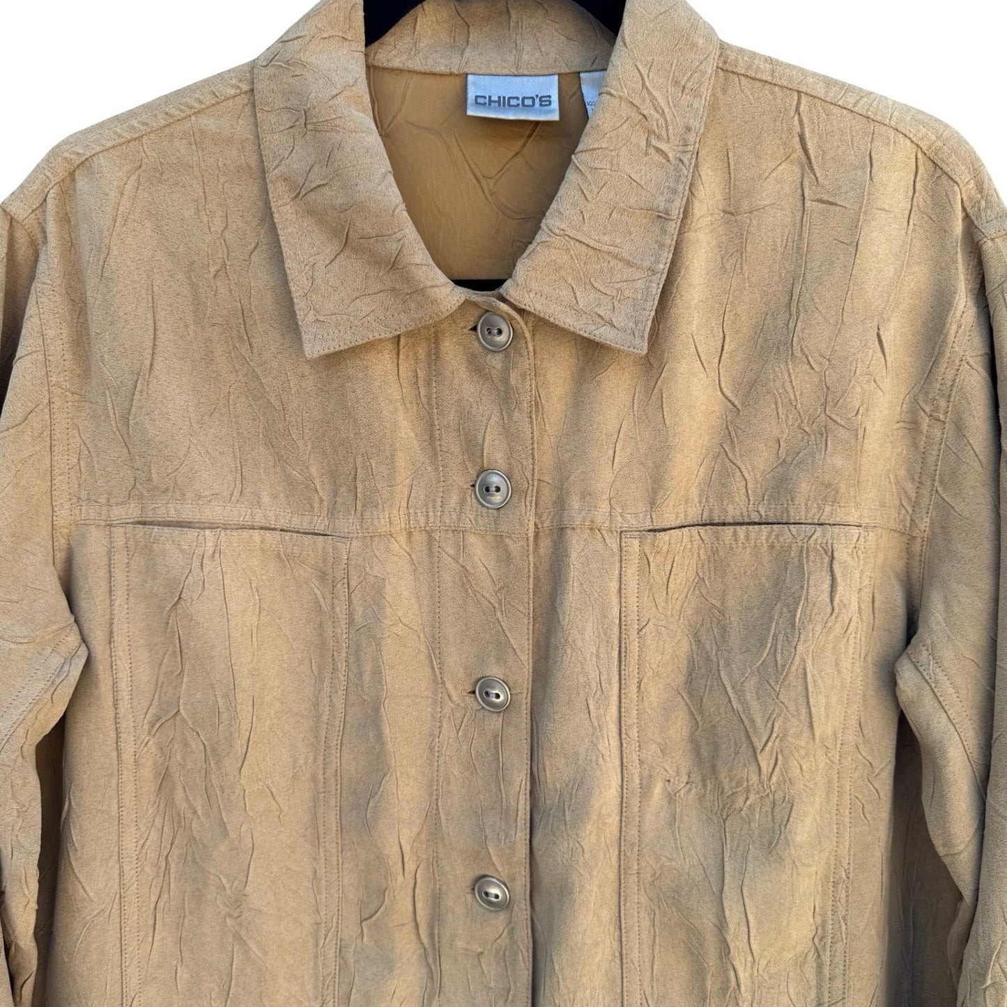 Chicos Tan Crinkle Faux Suede Button Front Jacket Womens Size 1 Medium Tan Camel