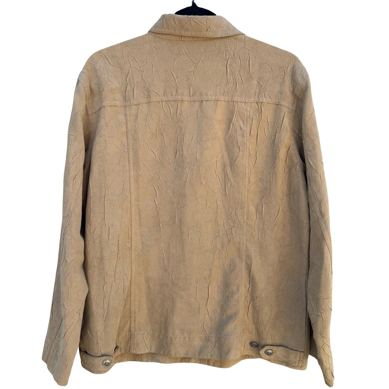 Chicos Tan Crinkle Faux Suede Button Front Jacket Womens Size 1 Medium Tan Camel