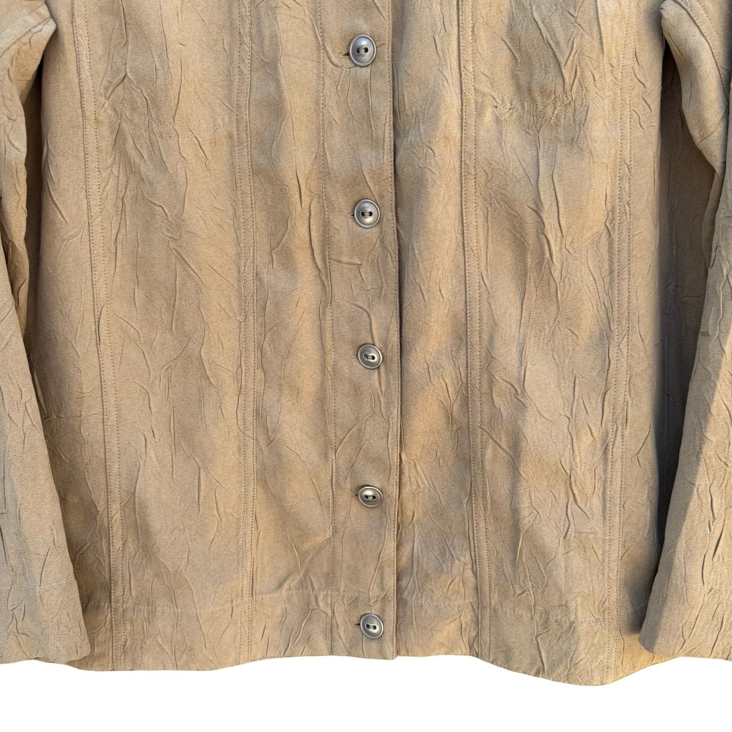 Chicos Tan Crinkle Faux Suede Button Front Jacket Womens Size 1 Medium Tan Camel