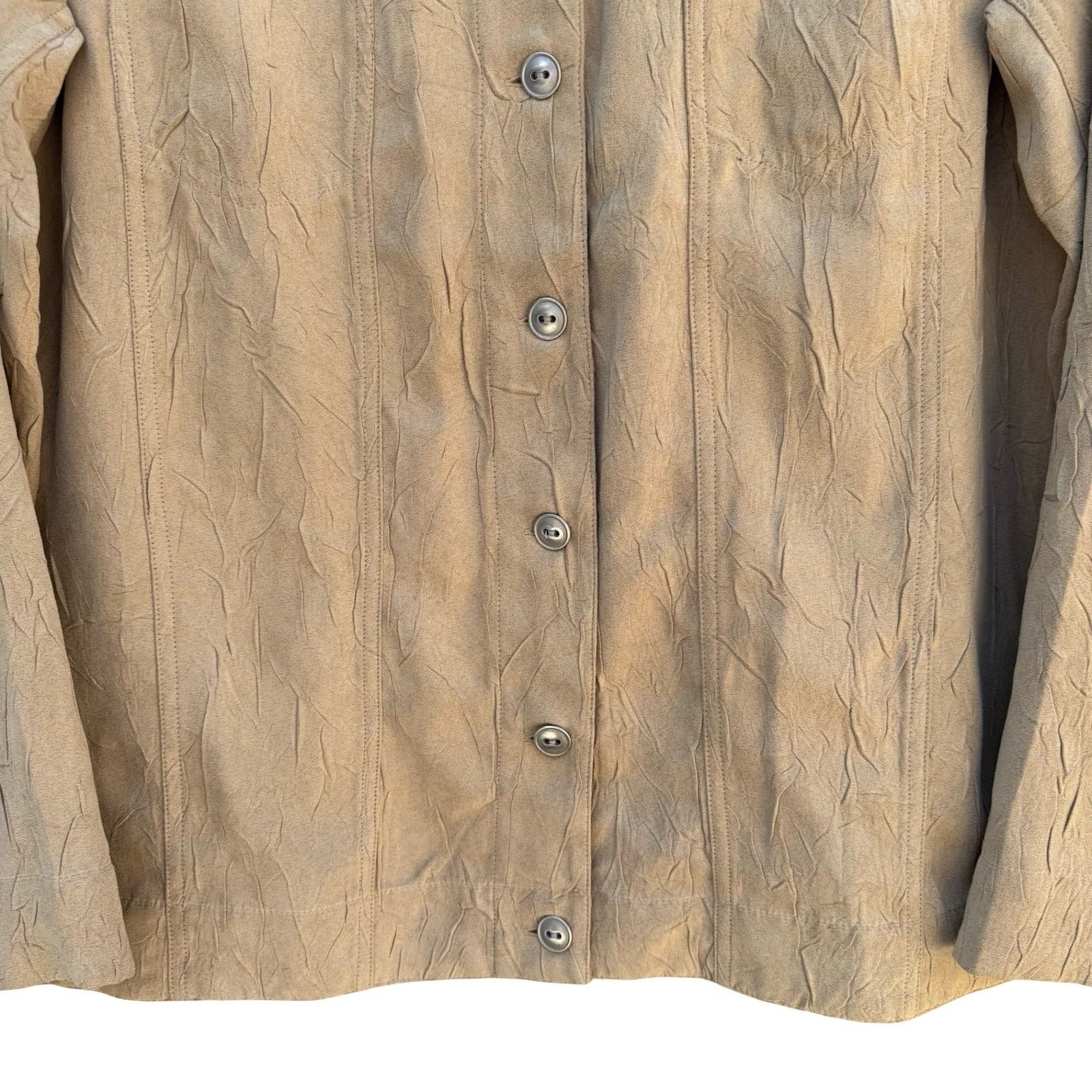 Chicos Tan Crinkle Faux Suede Button Front Jacket Womens Size 1 Medium Tan Camel