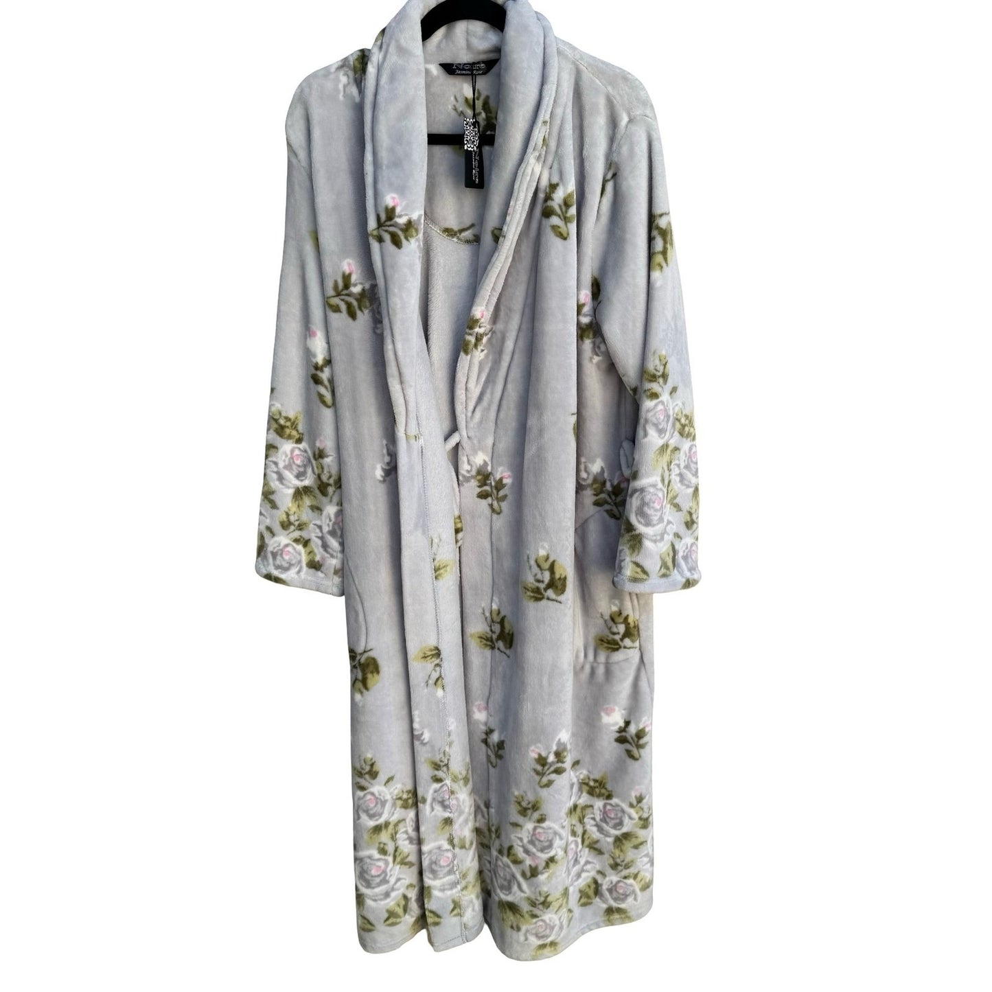 Noire Jasmine Rose Grey Floral Plush Fleece Robe Shawl Collar Large NEW NO BELT