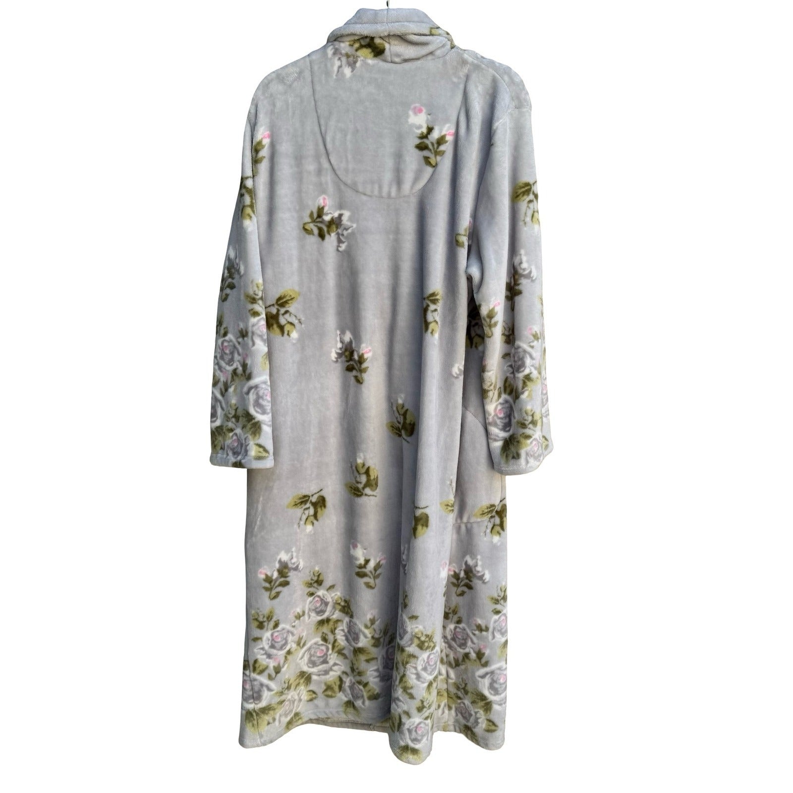 Noire Jasmine Rose Grey Floral Plush Fleece Robe Shawl Collar Large NEW NO BELT