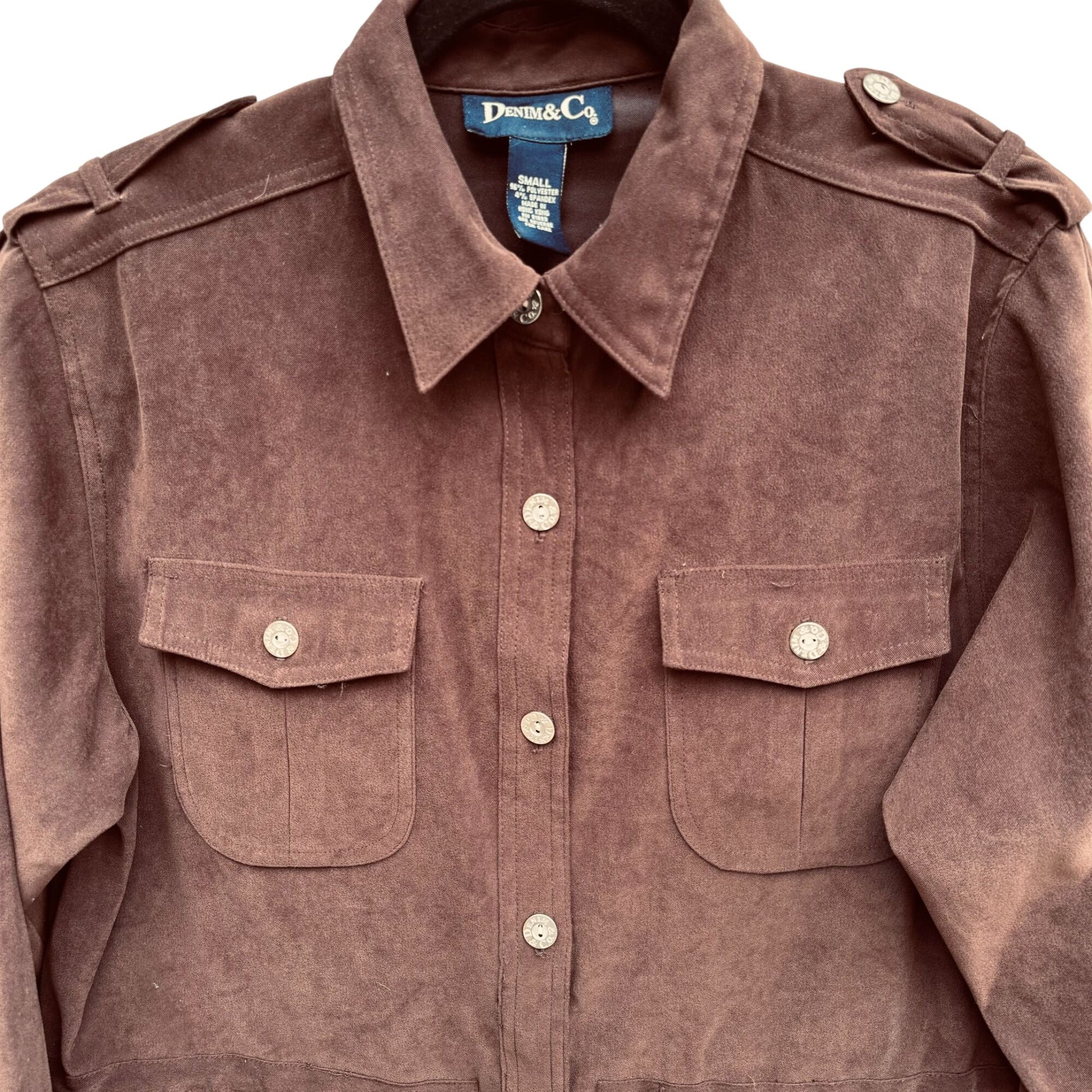 Denim & Co. Womens Brown Faux Suede Safari Military Drawstring Waist Jacket S