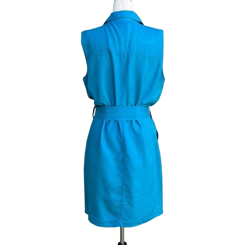 Jacqueline Ferrar Vintage Silk Linen Sleeveless Teal Button-Down Belted Dress 14