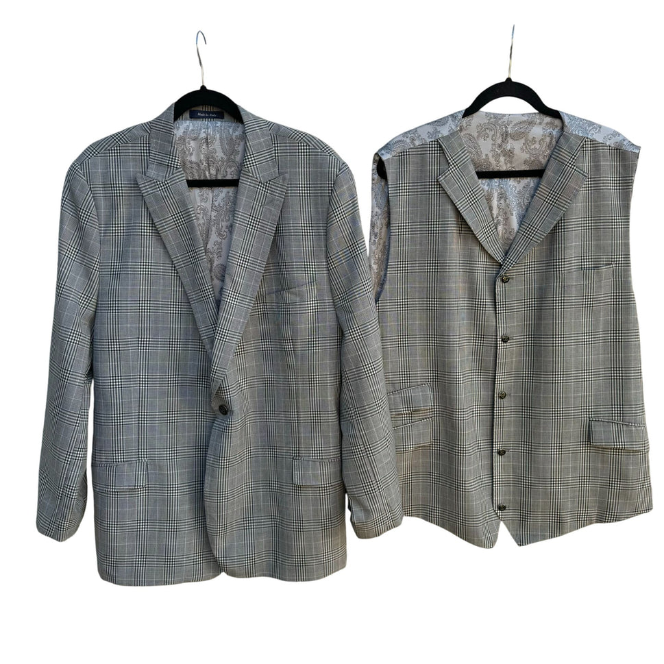 Sergio Valentino Mens Gray Wool Checkered Single Breasted Blazer Plus Vest Set 44L