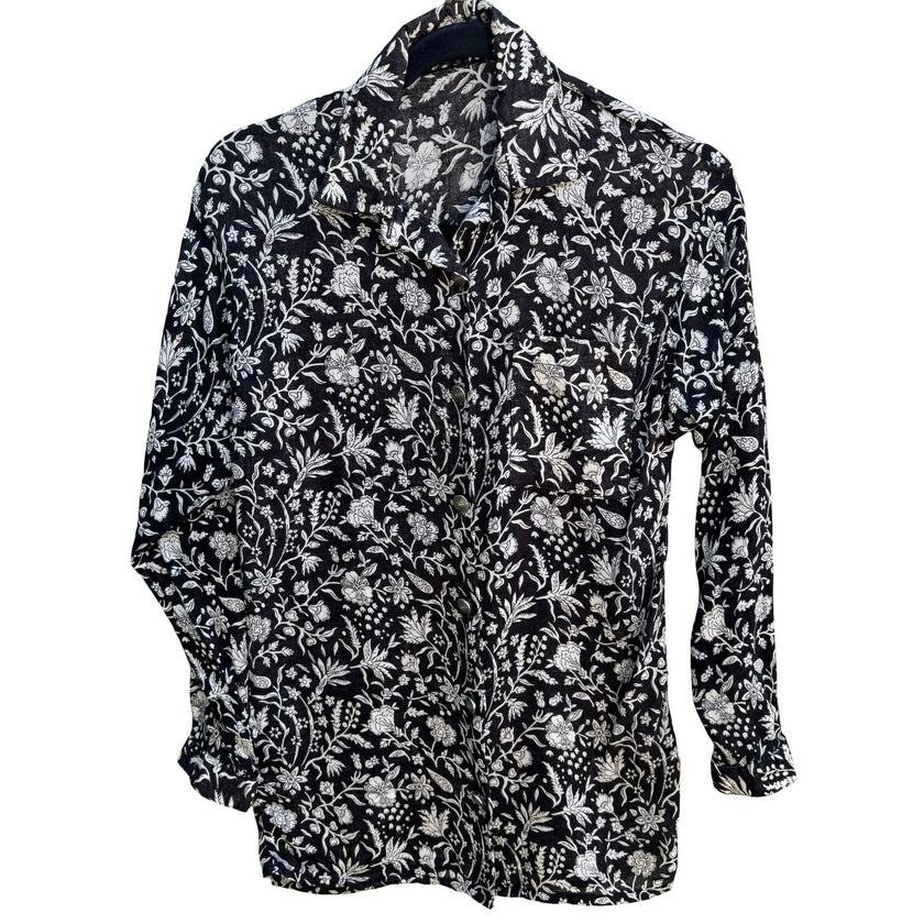 Boho Cottagcore Artsy Whimsigoth Coastal Cotton Gauze Black White Floral Shirt