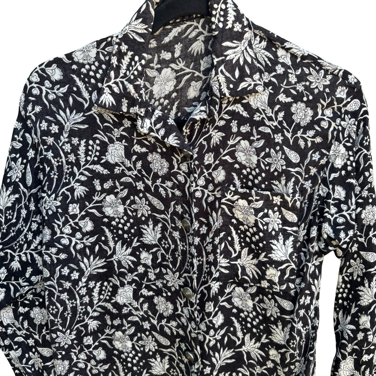 Boho Cottagcore Artsy Whimsigoth Coastal Cotton Gauze Black White Floral Shirt