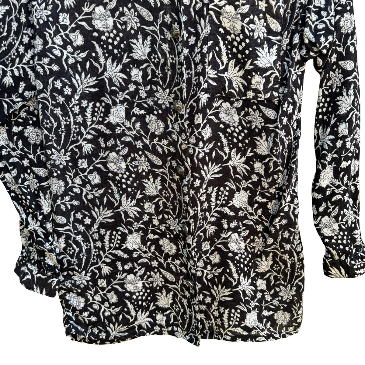 Boho Cottagcore Artsy Whimsigoth Coastal Cotton Gauze Black White Floral Shirt