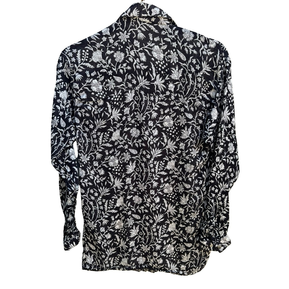 Boho Cottagcore Artsy Whimsigoth Coastal Cotton Gauze Black White Floral Shirt