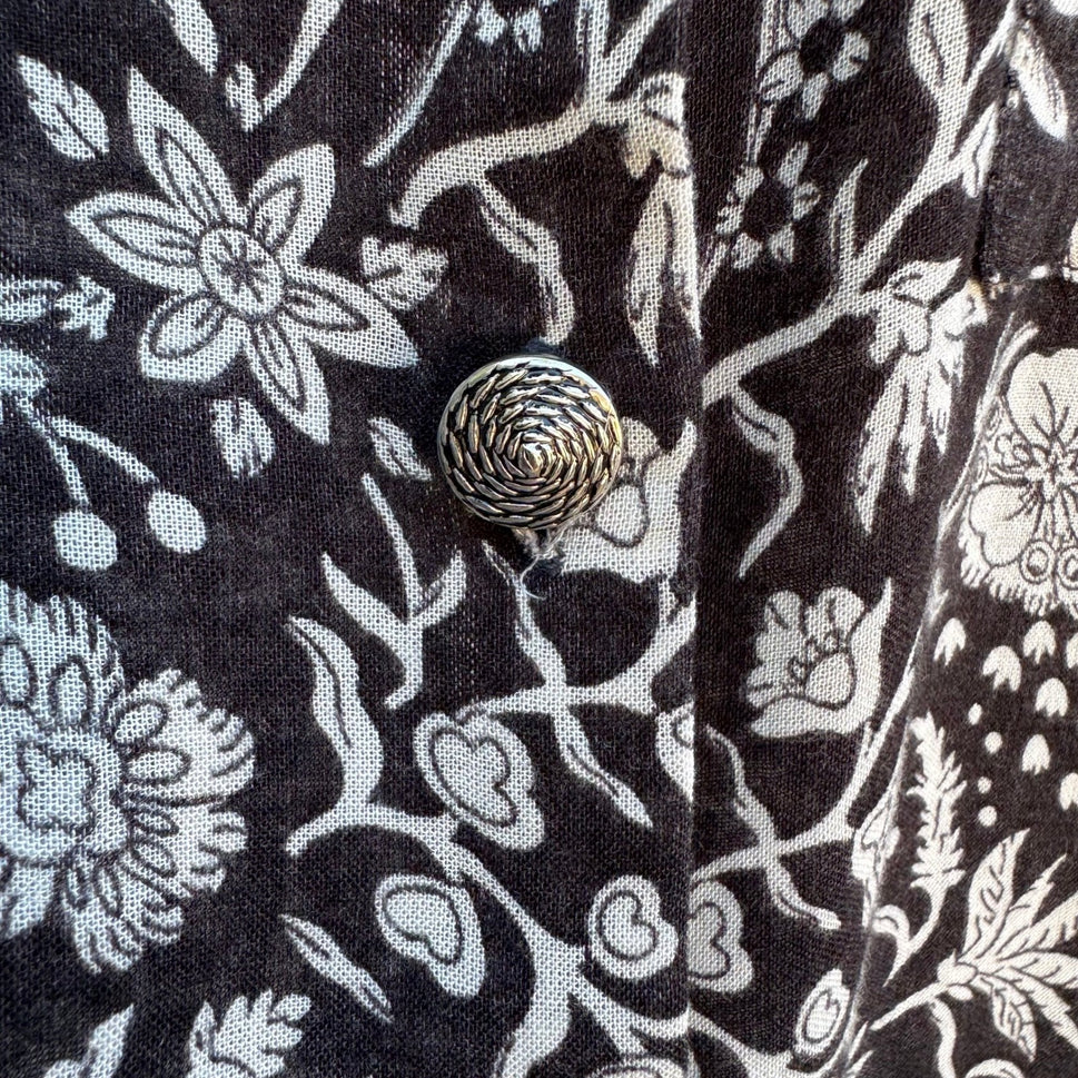 Boho Cottagcore Artsy Whimsigoth Coastal Cotton Gauze Black White Floral Shirt
