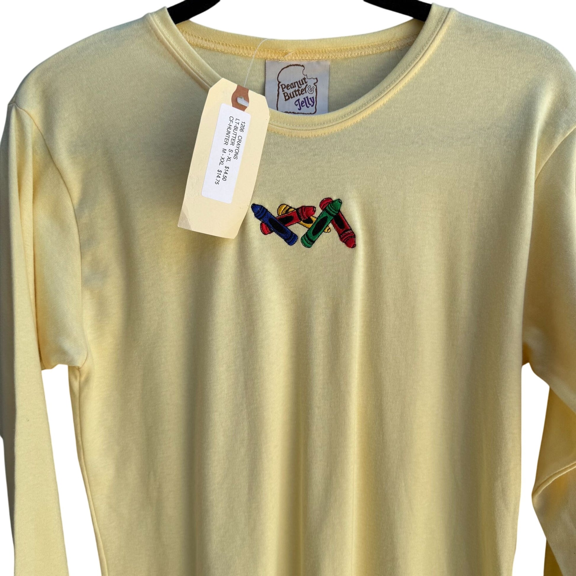 Peanut Butter & Jelly Long Sleeve Crayon Embroidered Light Butter Shirt New M