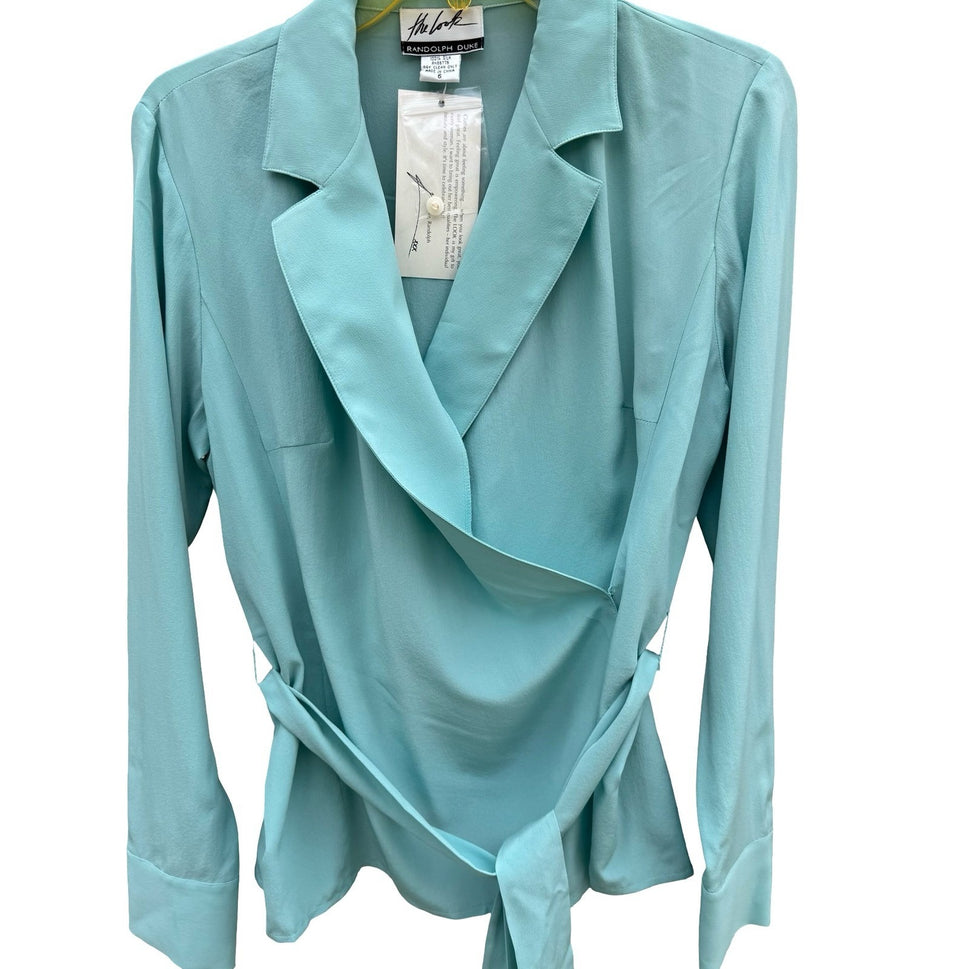 Randolph Duke The Look Aqua Blue 100% Silk Wrap Blouse HA2100 Womens Size 6 NWT
