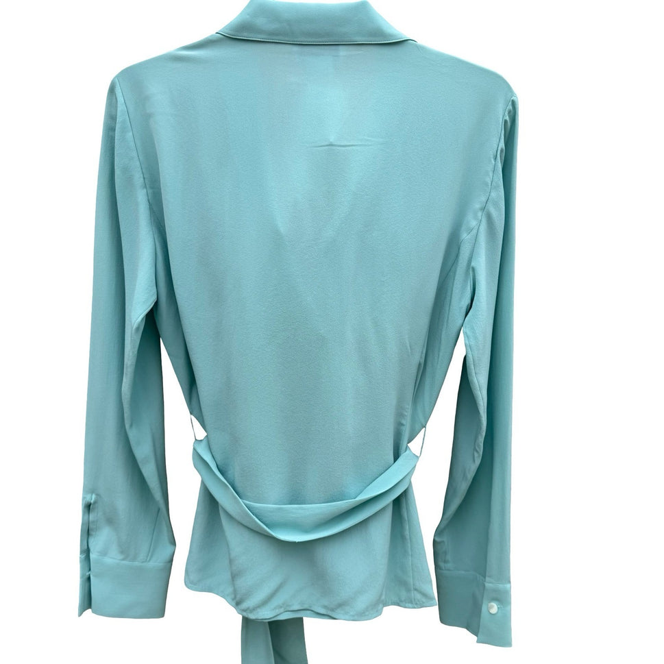 Randolph Duke The Look Aqua Blue 100% Silk Wrap Blouse HA2100 Womens Size 6 NWT