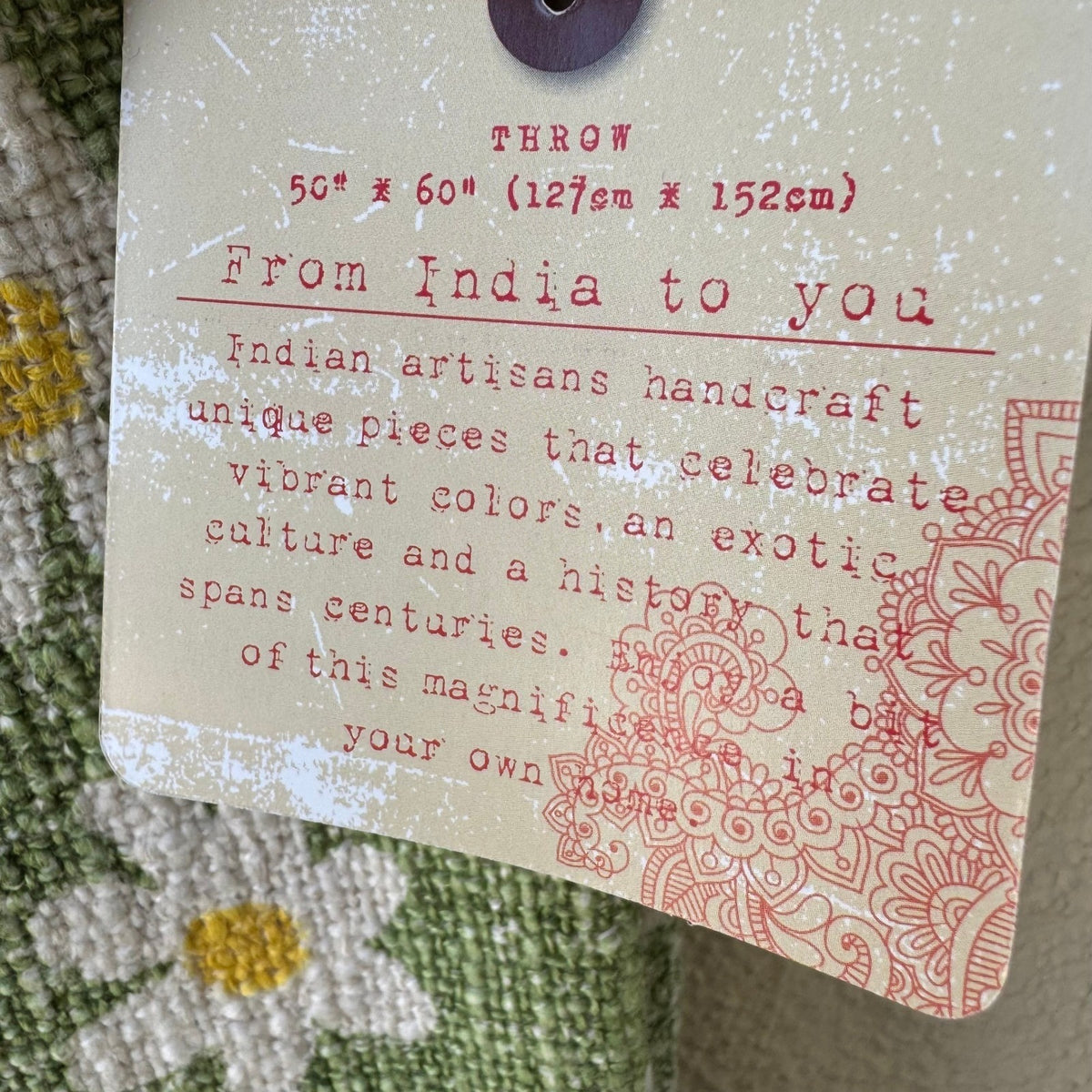 India Artisans Daisy Floral Stonewashed Woven Throw Blanket Green 50x60 NEW