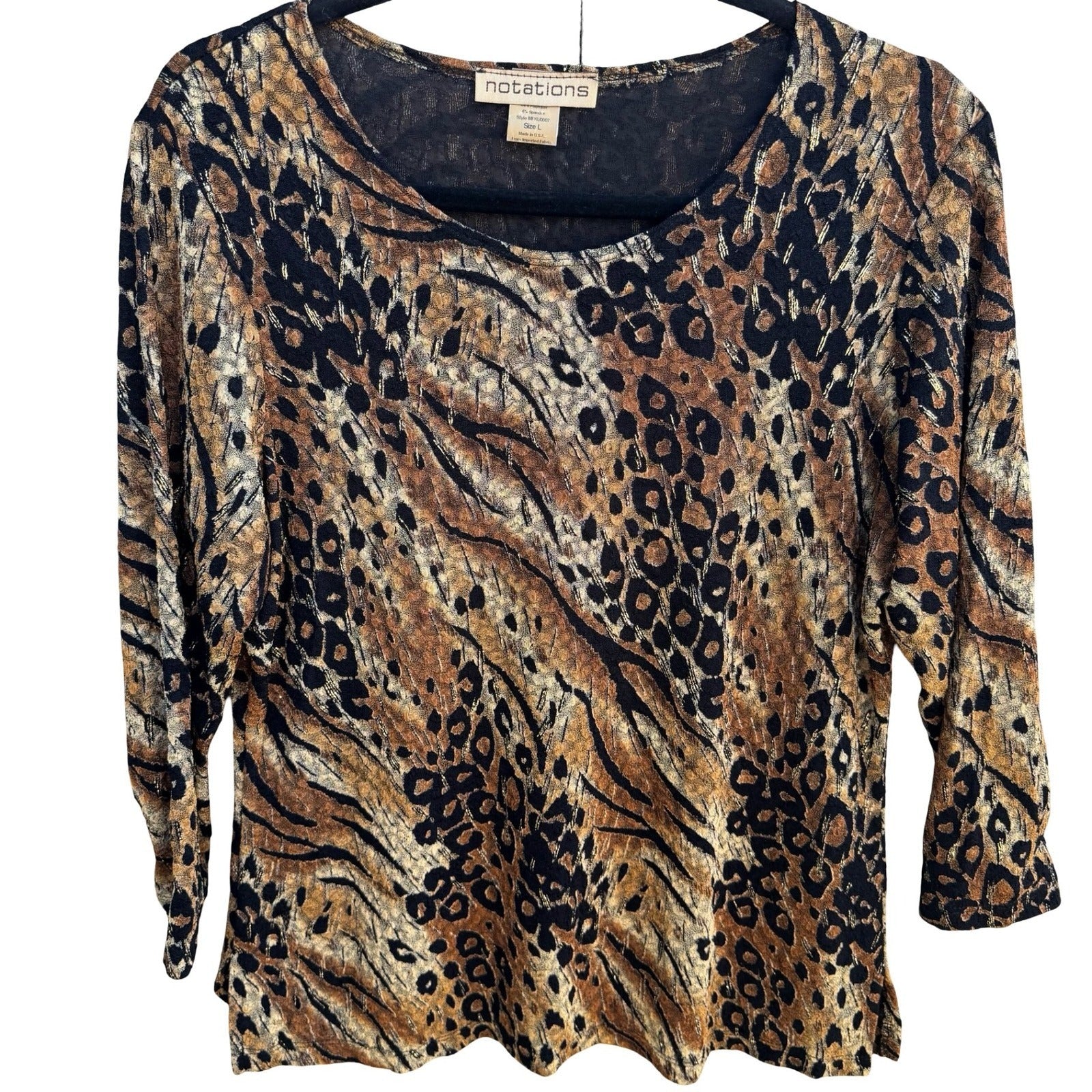 Notations Y2K Mob Wife Animal Print Blouse Metallic Gold Leopard Tiger Womens L