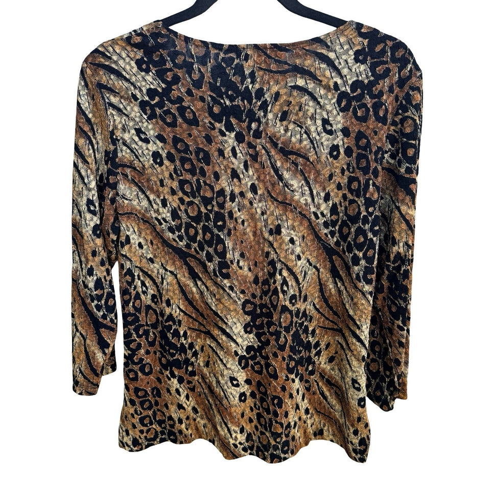 Notations Y2K Mob Wife Animal Print Blouse Metallic Gold Leopard Tiger Womens L