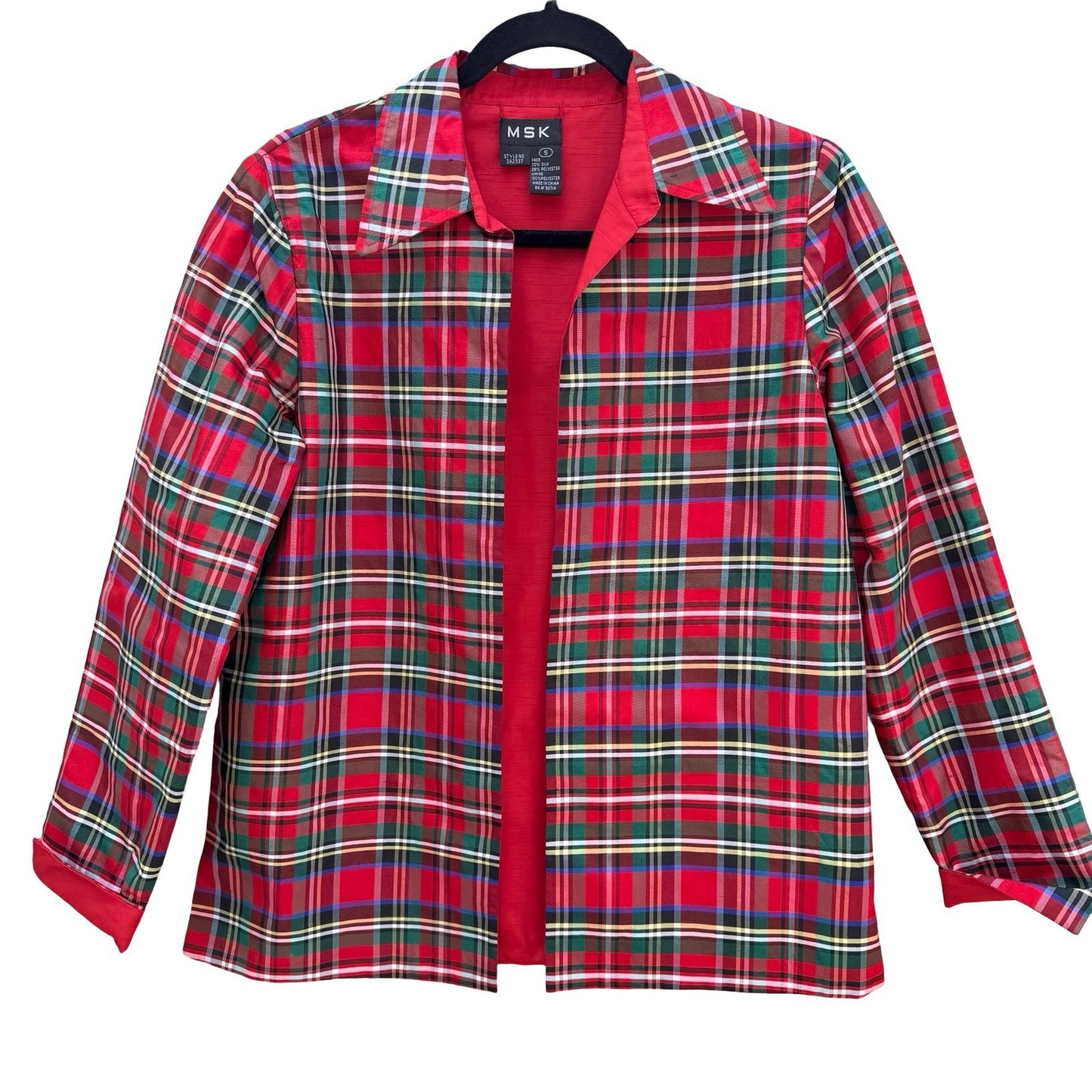 MSK Womens Reversible Silk Blend Plaid Jacket Red Multi Color Size S 3A2337