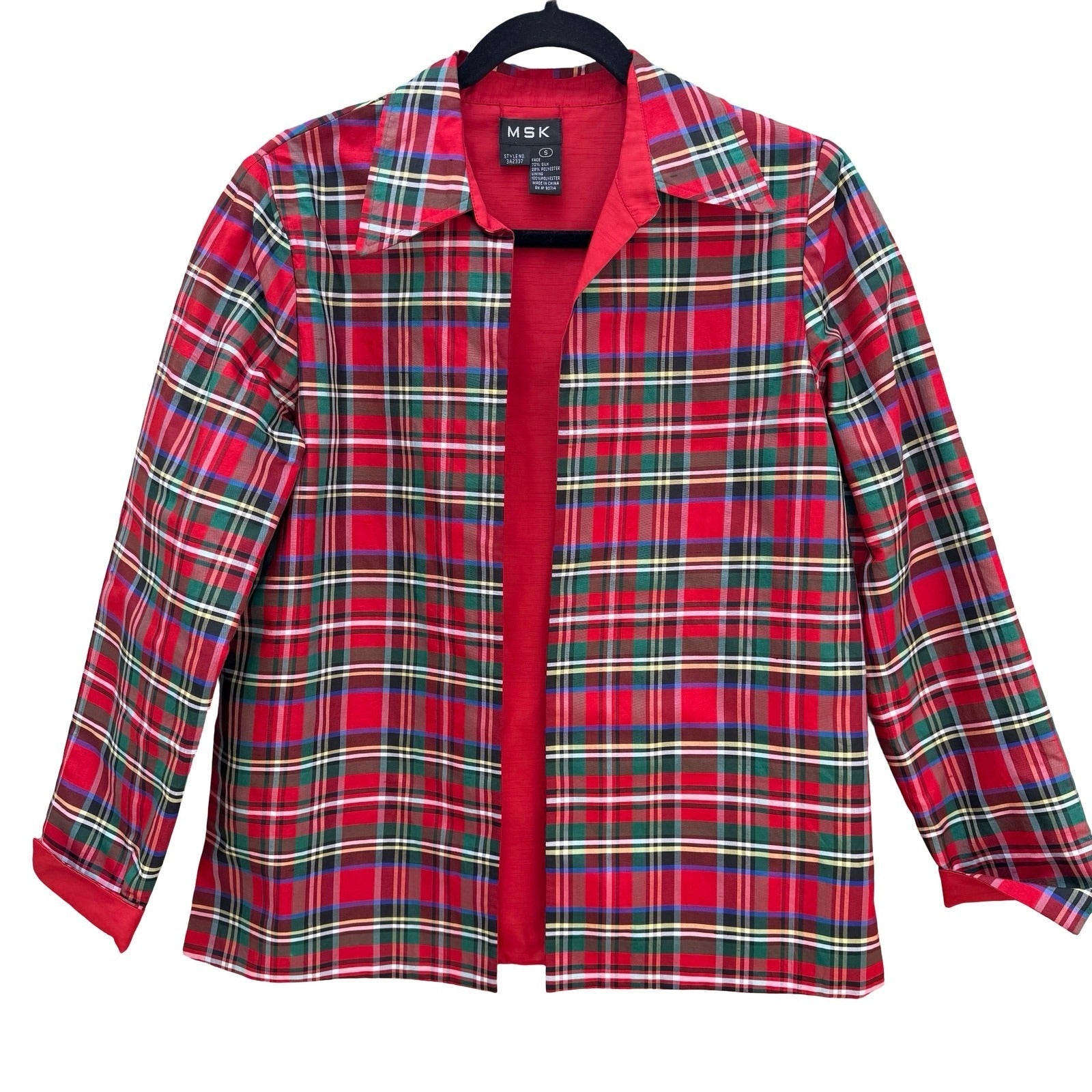 MSK Womens Reversible Silk Blend Plaid Jacket Red Multi Color Size S 3A2337