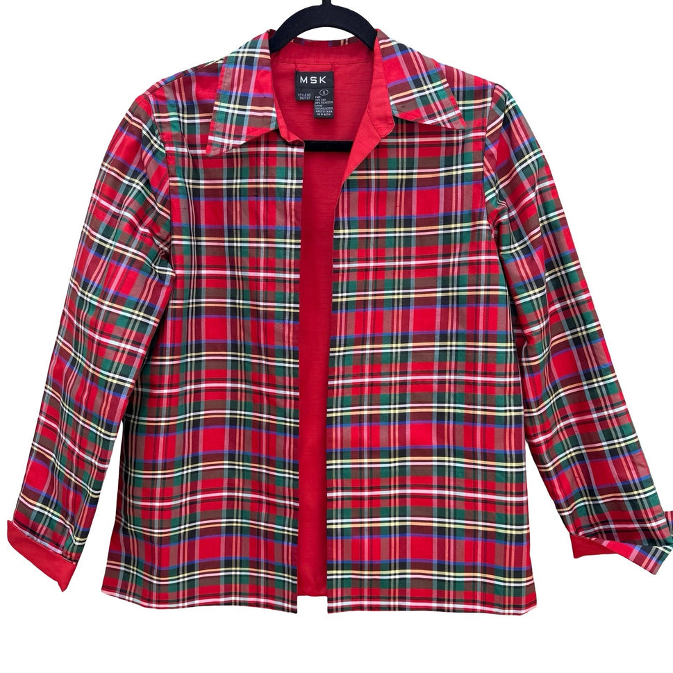 MSK Womens Reversible Silk Blend Plaid Jacket Red Multi Color Size S 3A2337