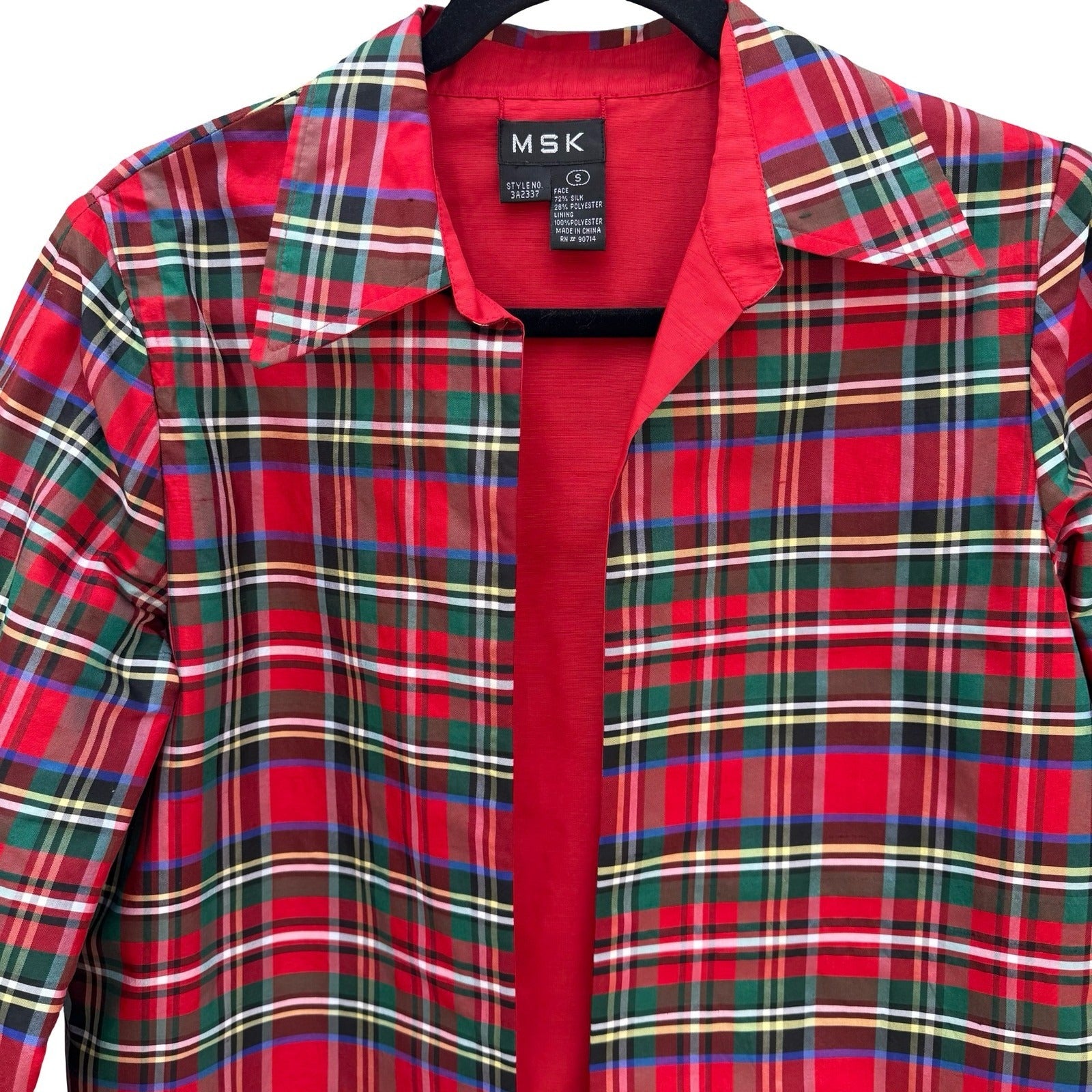 MSK Womens Reversible Silk Blend Plaid Jacket Red Multi Color Size S 3A2337