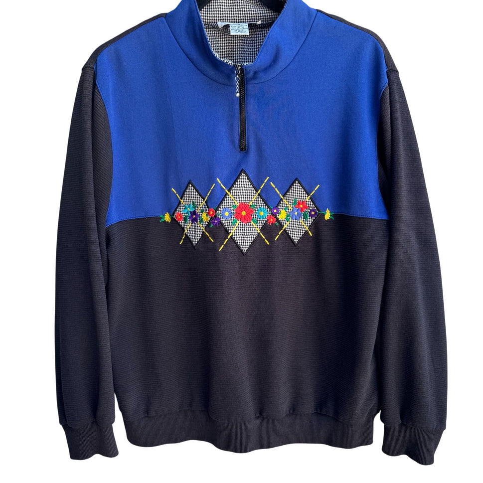 Alfred Dunner Vintage 80s Blue Black Argyle Zip Collar Pullover Sweatshirt M