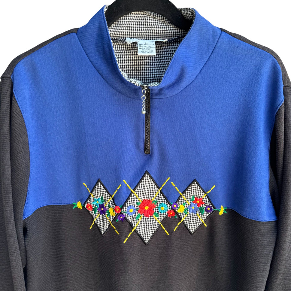 Alfred Dunner Vintage 80s Blue Black Argyle Zip Collar Pullover Sweatshirt M