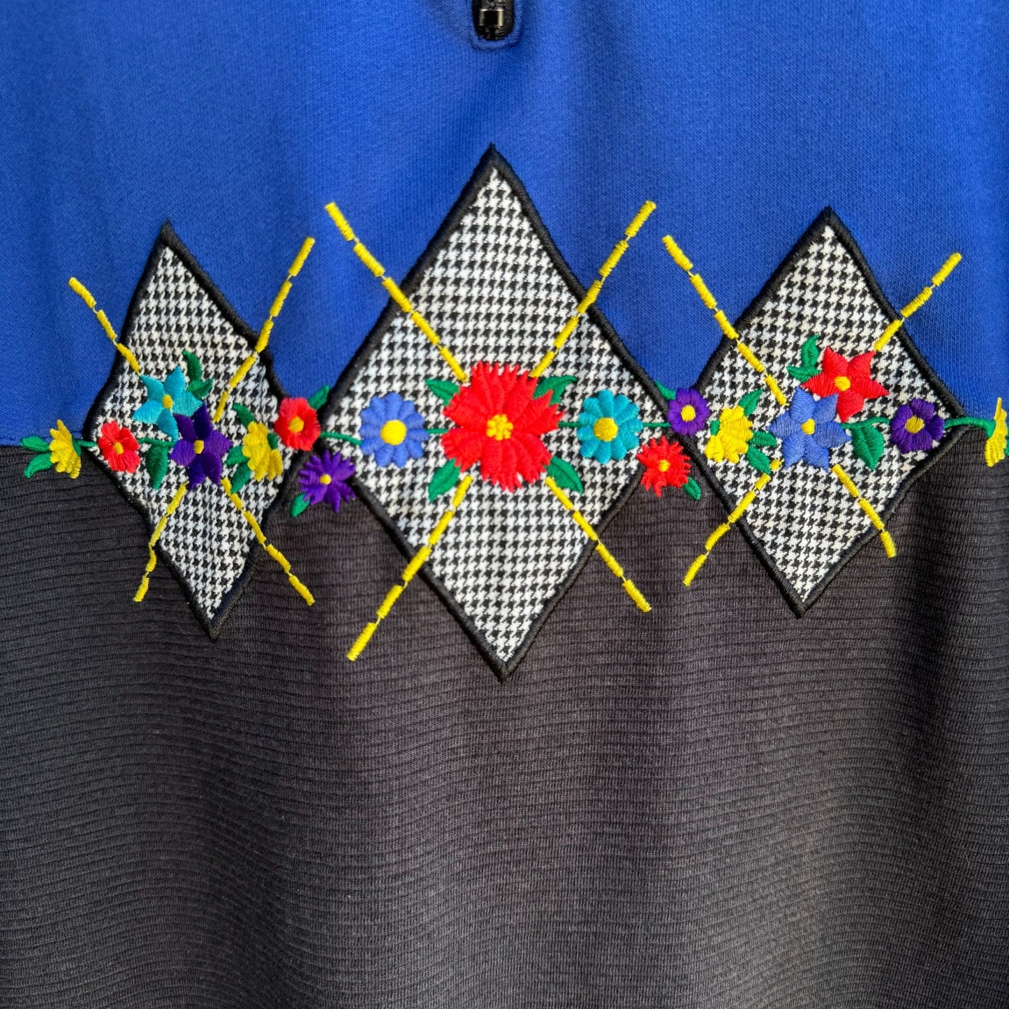 Alfred Dunner Vintage 80s Blue Black Argyle Zip Collar Pullover Sweatshirt M