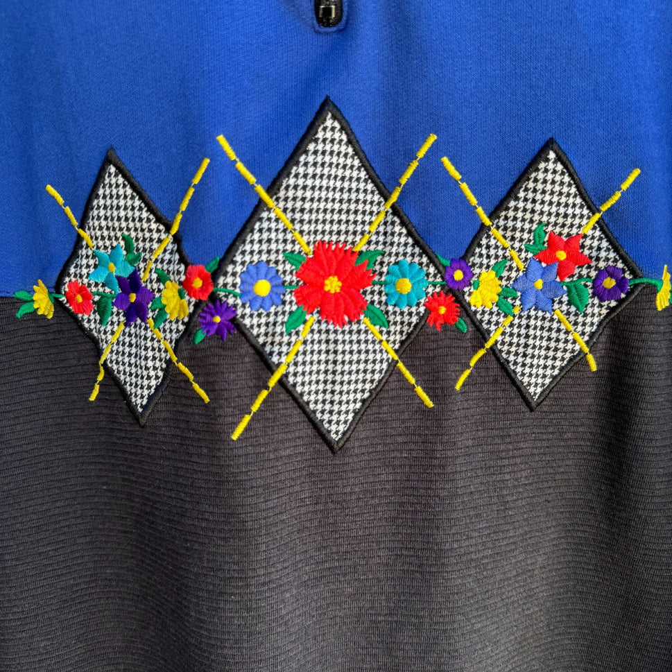 Alfred Dunner Vintage 80s Blue Black Argyle Zip Collar Pullover Sweatshirt M