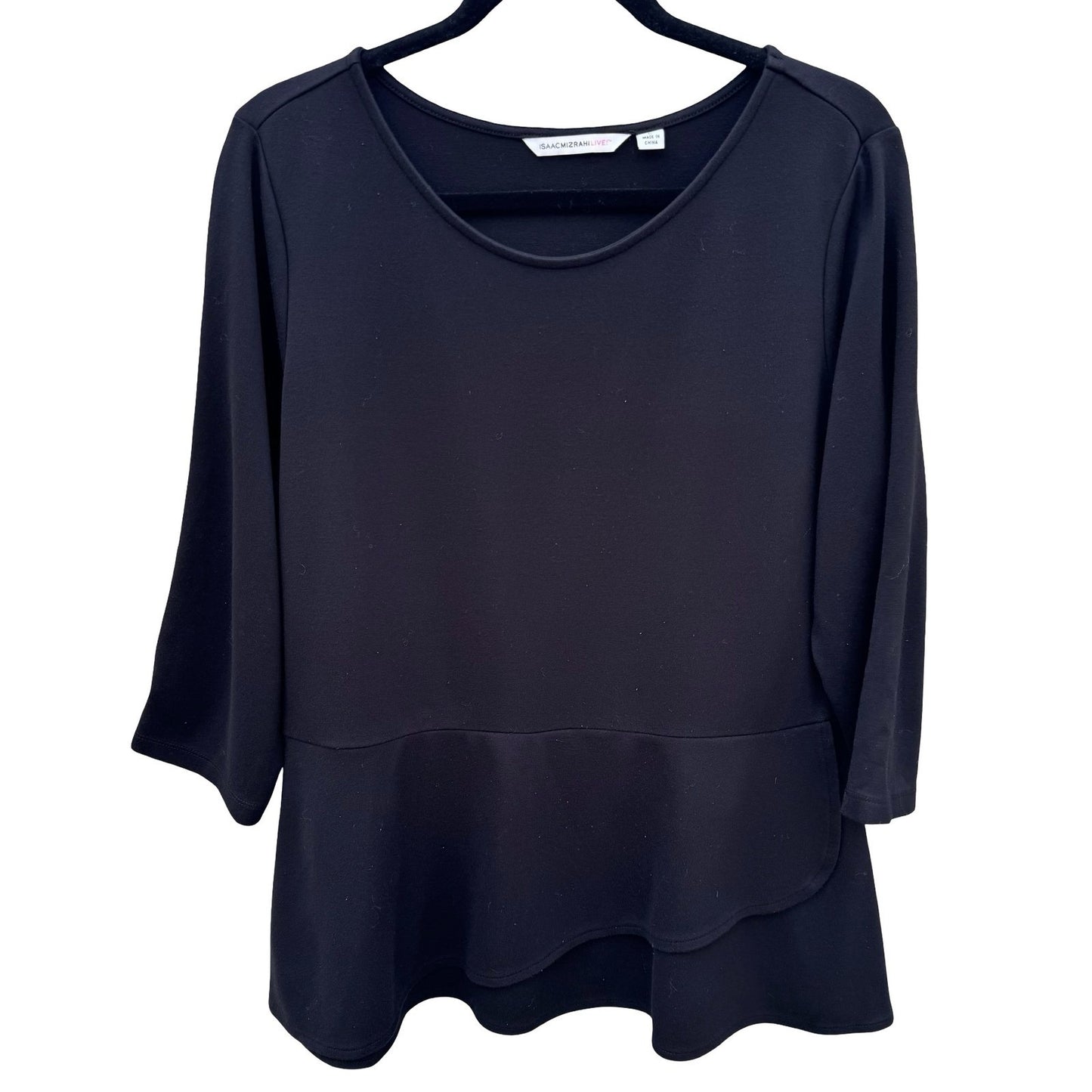 Isaac Mizrahi Live Womens Black Peplum Top 3/4 Sleeve Double Layer Tulip Hem L