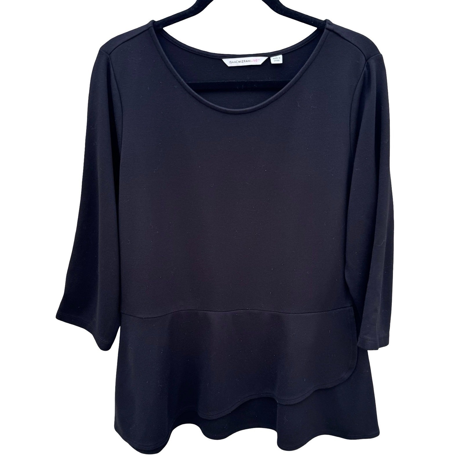 Isaac Mizrahi Live Womens Black Peplum Top 3/4 Sleeve Double Layer Tulip Hem L