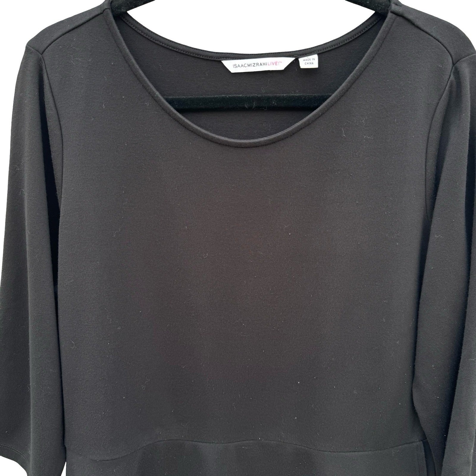 Isaac Mizrahi Live Womens Black Peplum Top 3/4 Sleeve Double Layer Tulip Hem L