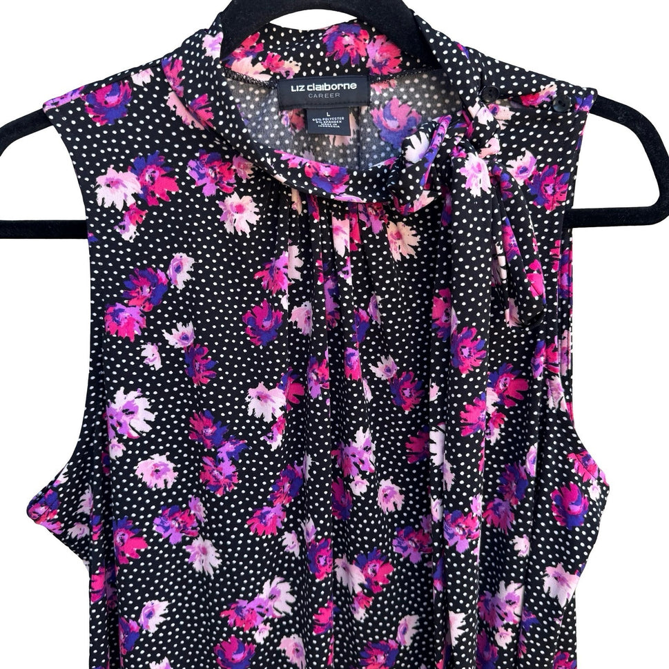 Liz Claiborne Career Floral Polka Dot Feminine Tie Neck Sleeveless Blouse L