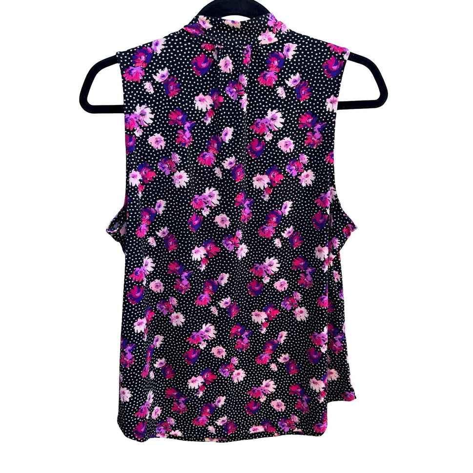 Liz Claiborne Career Floral Polka Dot Feminine Tie Neck Sleeveless Blouse L