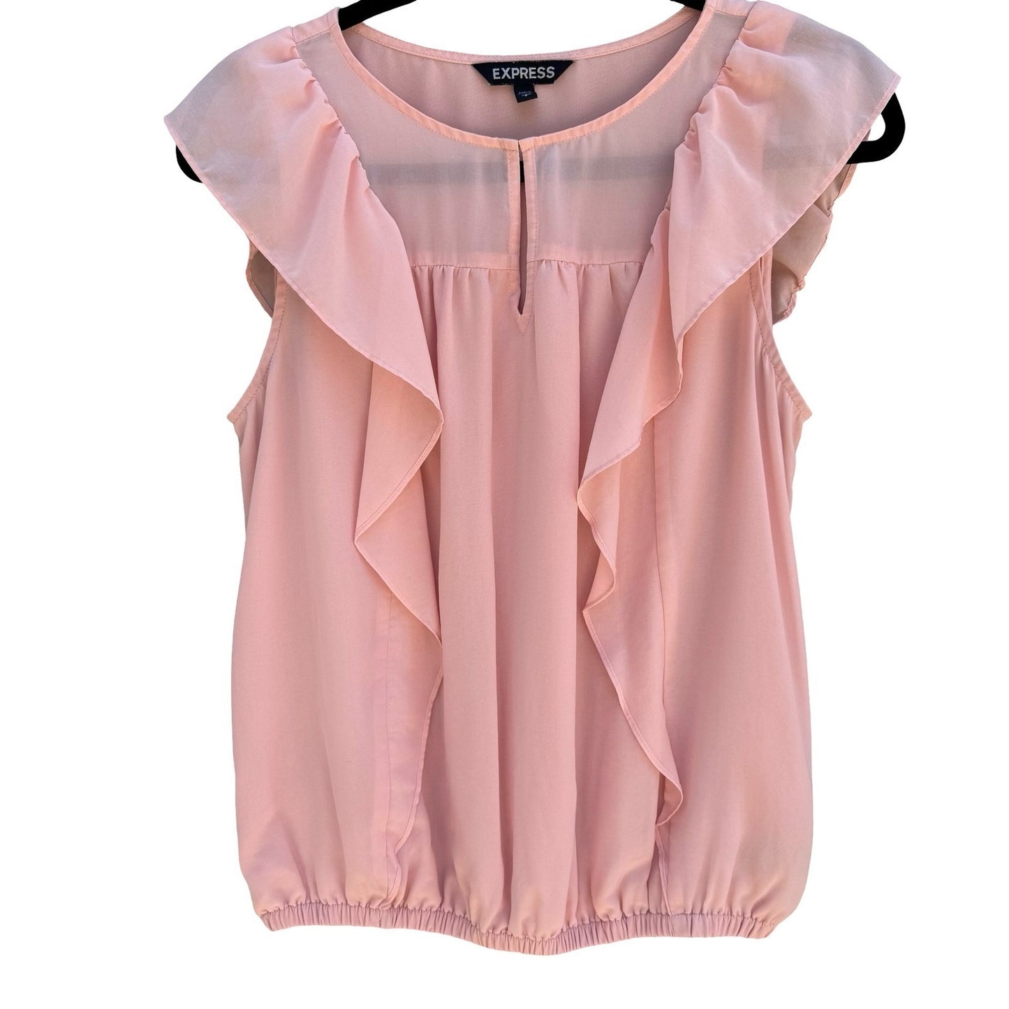 Express Pink Ruffle Flutter Sleeve Chiffon Blouse Keyhole Neck Top S Coquette