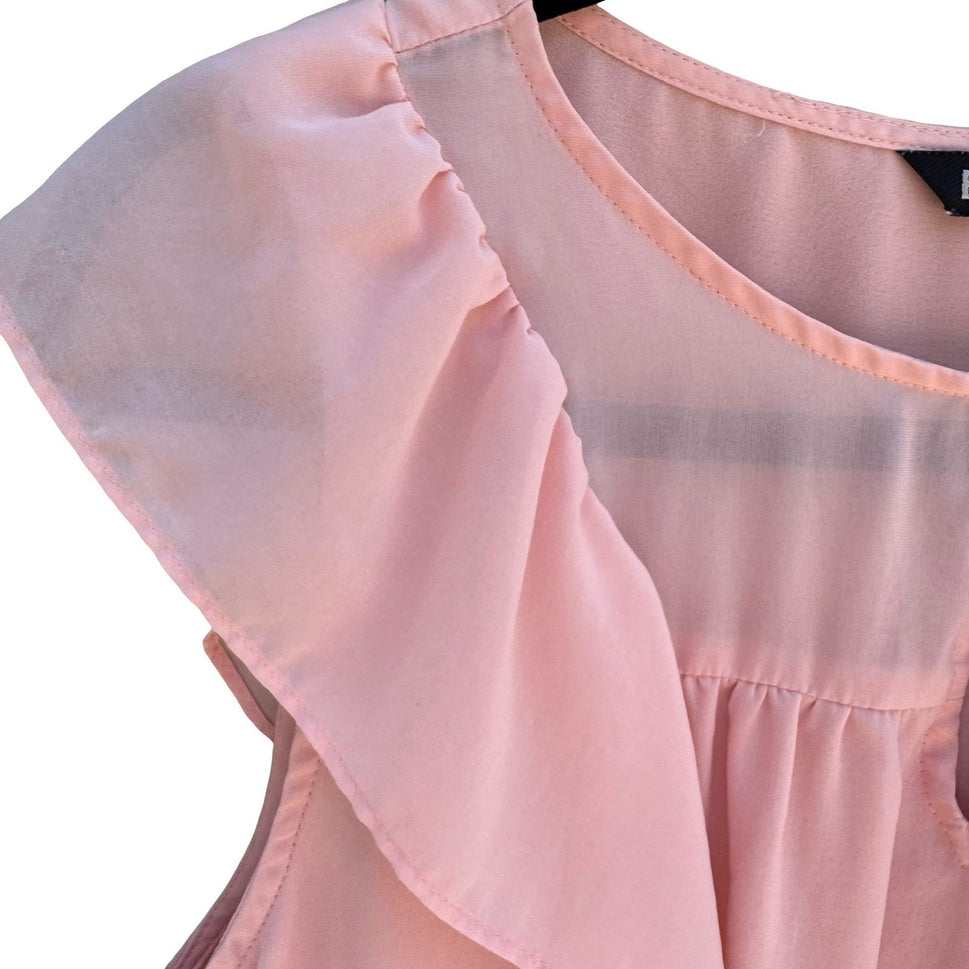 Express Pink Ruffle Flutter Sleeve Chiffon Blouse Keyhole Neck Top S Coquette