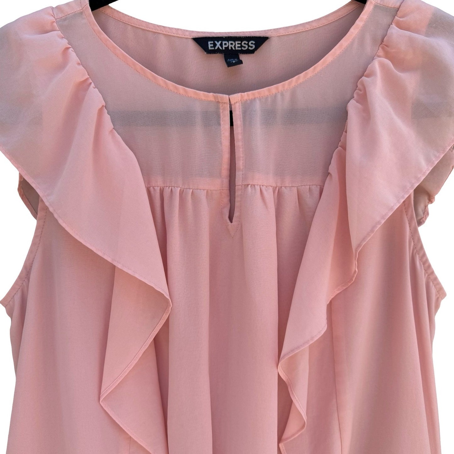 Express Pink Ruffle Flutter Sleeve Chiffon Blouse Keyhole Neck Top S Coquette