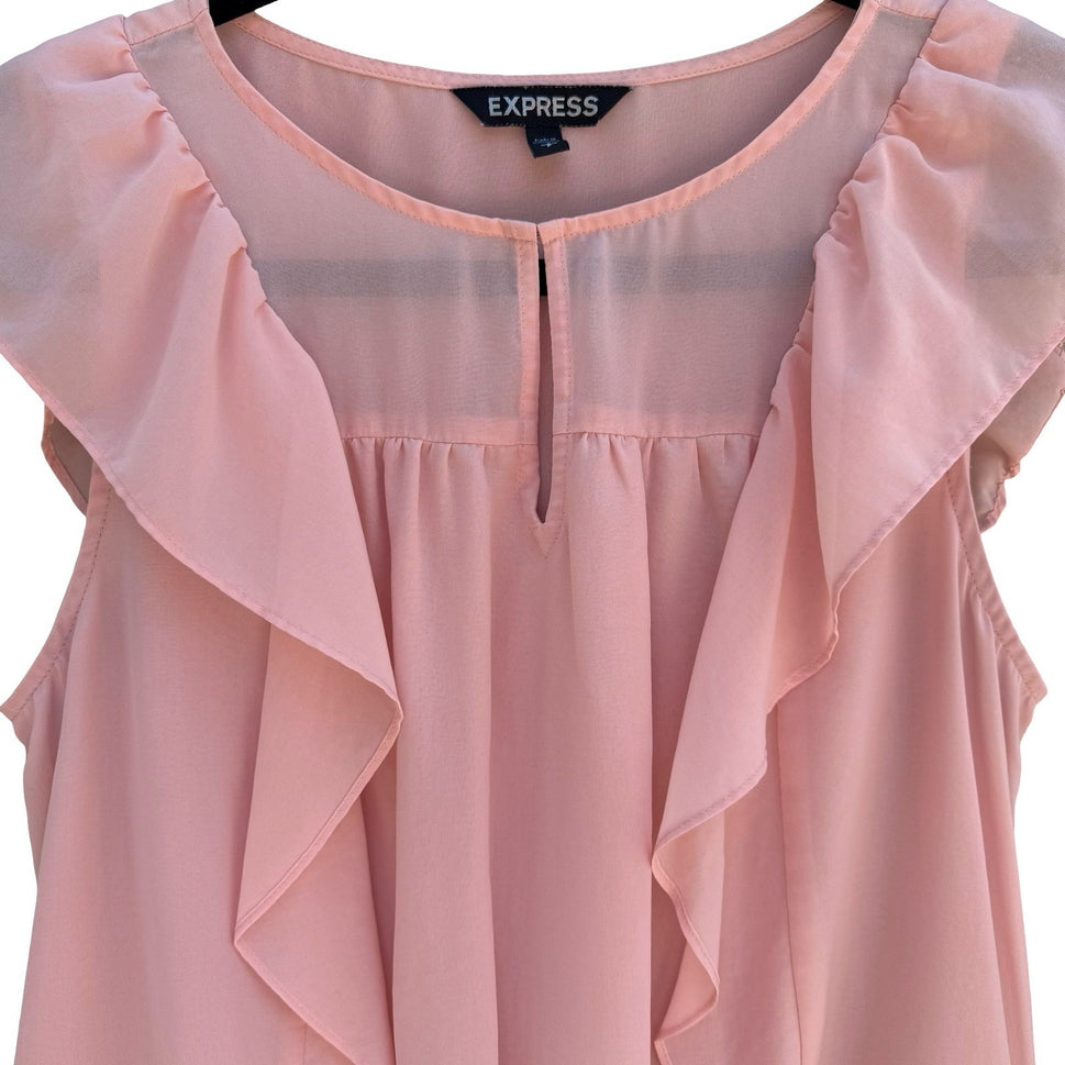 Express Pink Ruffle Flutter Sleeve Chiffon Blouse Keyhole Neck Top S Coquette