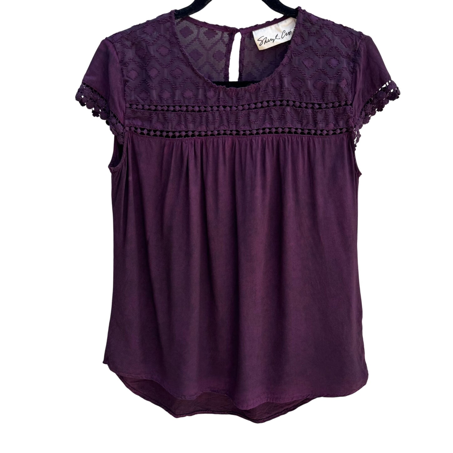 Sheryl Crow Purple Boho Lace Embroidered Detail Short Sleeve Button Back Top S