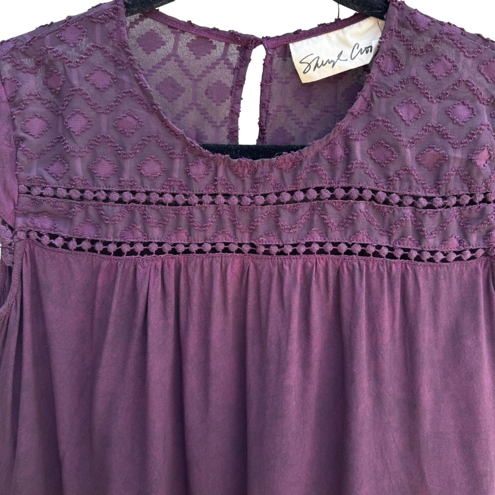 Sheryl Crow Purple Boho Lace Embroidered Detail Short Sleeve Button Back Top S
