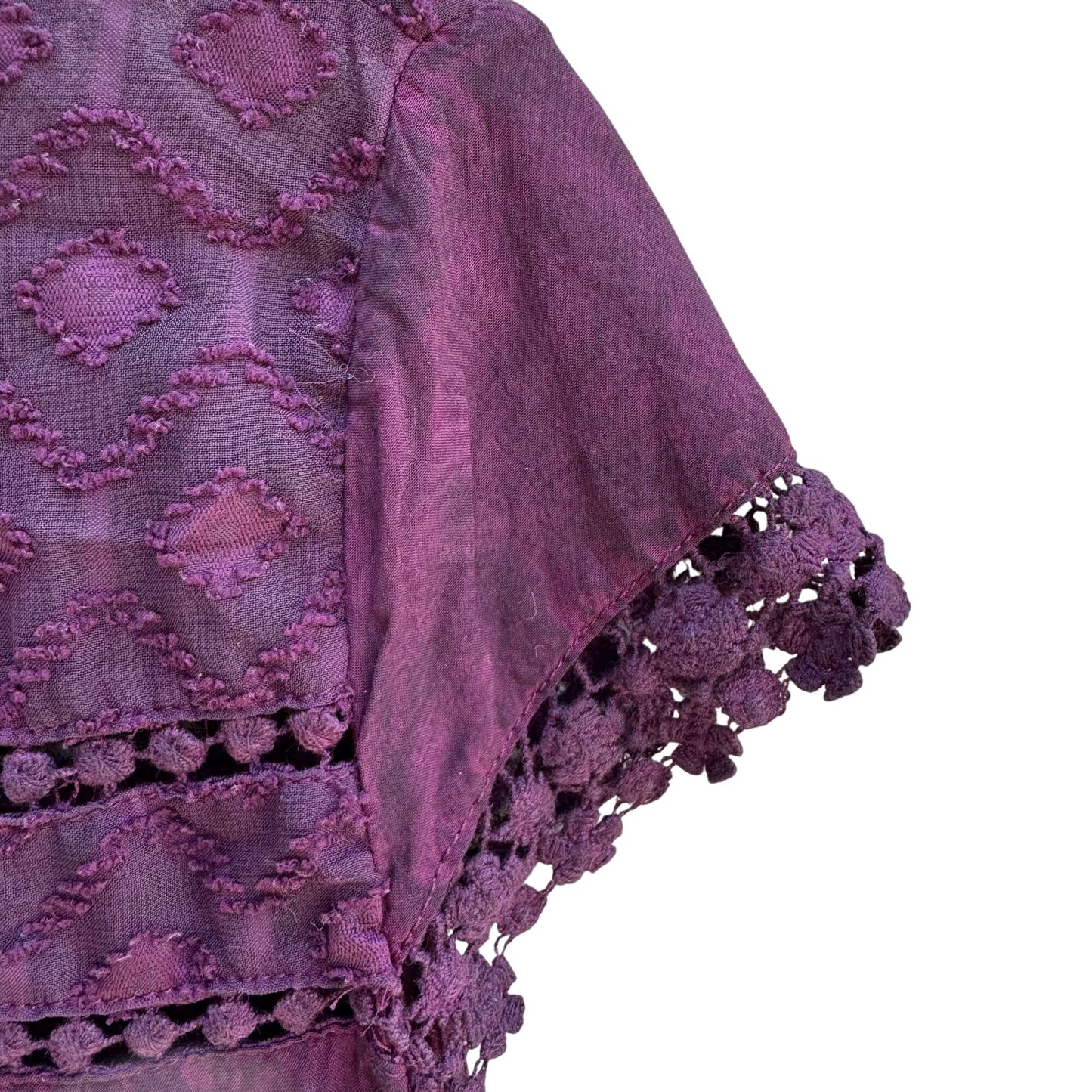 Sheryl Crow Purple Boho Lace Embroidered Detail Short Sleeve Button Back Top S