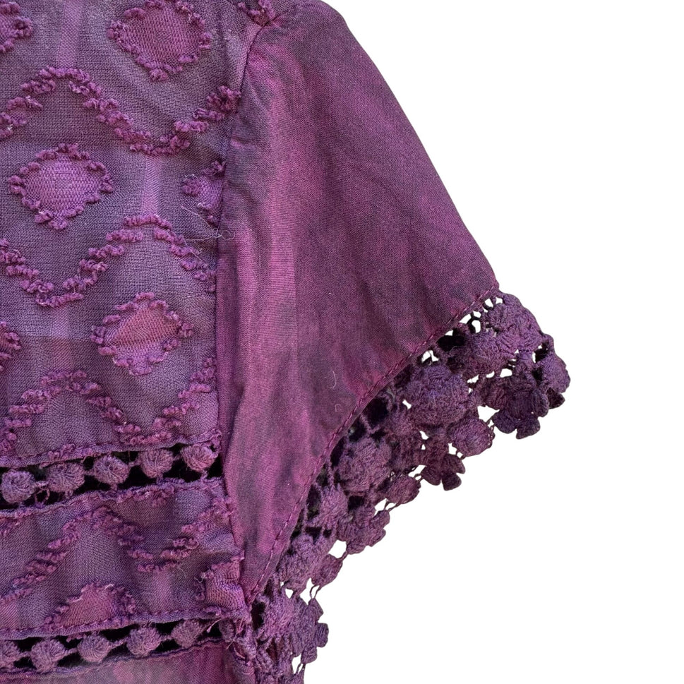 Sheryl Crow Purple Boho Lace Embroidered Detail Short Sleeve Button Back Top S